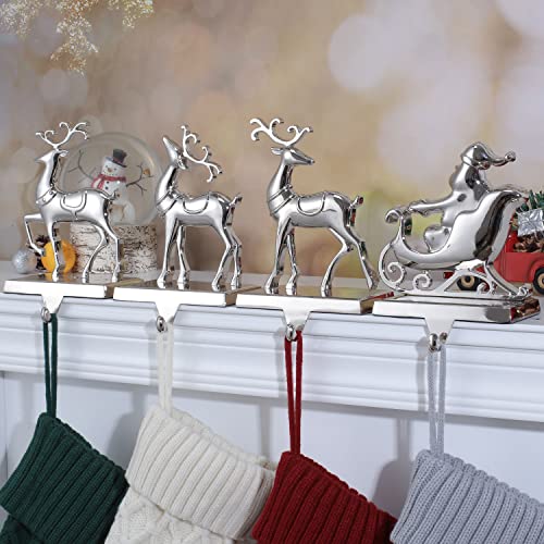 Christmas Stocking Holders Set of 4 - Reindeer & Sleigh Design for Fireplace Mantel