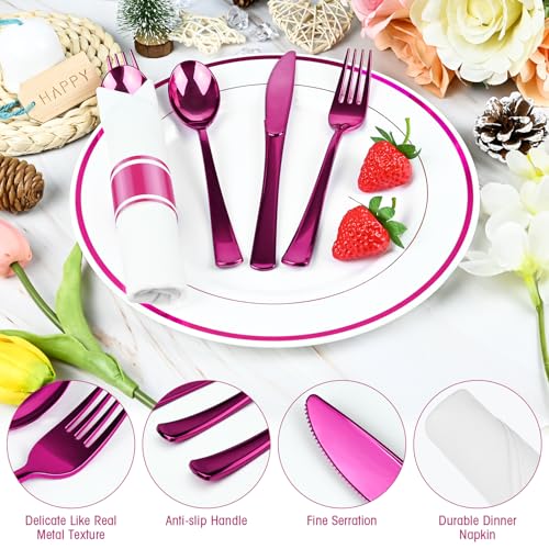 100 Pack Hot Pink Plastic Silverware Set with Wrapped Napkins - Pyntop