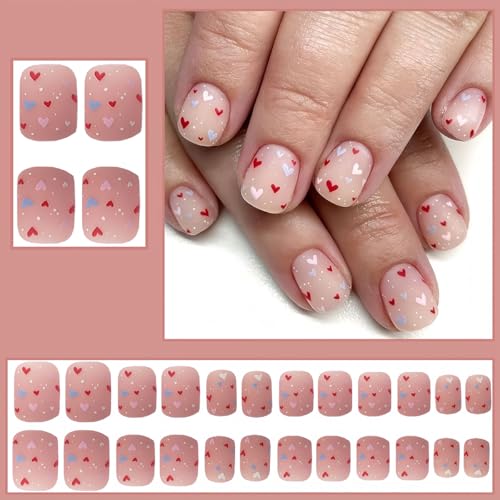 Short Square Heart Press on Nails Nude Fake Nails Kit 24Pcs