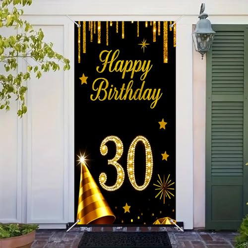 BlissYard 30th Birthday Door Cover 35x71 Inch Black and Gold Decor
