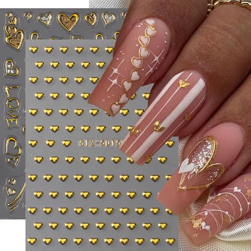 5D Embossed Heart Nail Stickers Gold Pink Valentine Decals 4 Sheets