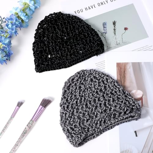 Bremorou 2 Pcs Crochet Hair Nets for Sleeping & Shower - Black & Gray
