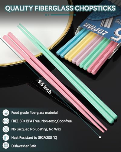 Reusable Fiberglass Chopsticks Set - 5 Pairs, Non-Slip, Dishwasher Safe