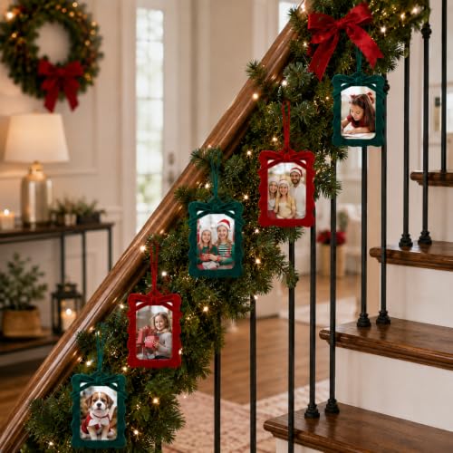 Christmas Velvet Photo Frame Ornaments Set - Red & Green Holiday Decor