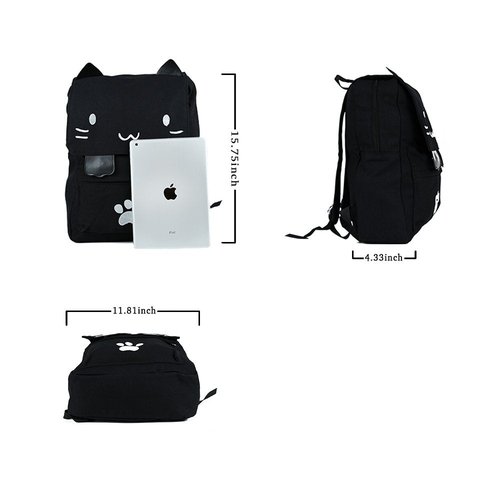 DemonChest Black College Cute Cat Embroidery Canvas School Backpack Bags for Kids Kitty(White)