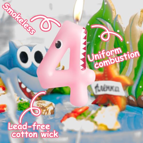 Pink Shark Number 4 Birthday Candle - Ocean Theme Cake Topper