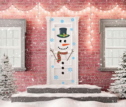 Christmas Snowman Door Stickers Set with Snowflakes - Holiday Wall Decals for Windows, Doors, Fridge