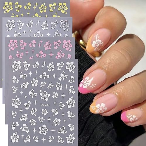 3D Hibiscus Flower Nail Art Stickers - 6 Sheets Self-Adhesive Floral Decals