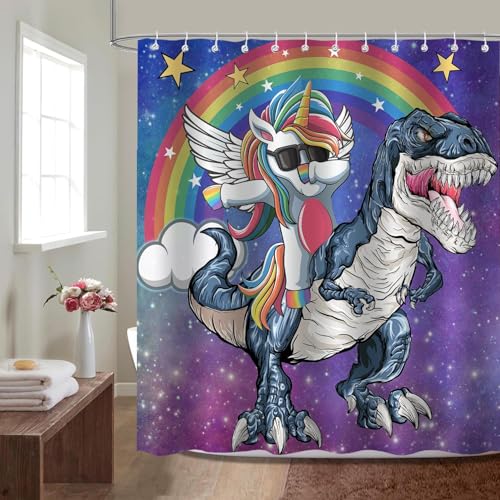 Unicorn Dinosaur Shower Curtain - Waterproof Fabric, 72x78 Inch