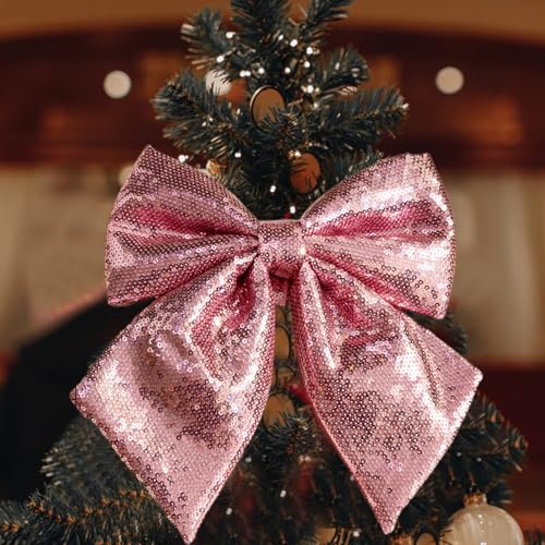 Pink Sequin Bow Tree Topper - 12x10 Inch Christmas Decorations