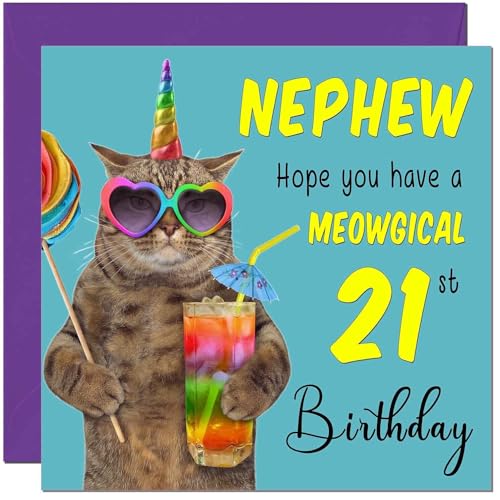 Funny Nephew Birthday Card - 21st Meowgical Cat Design
