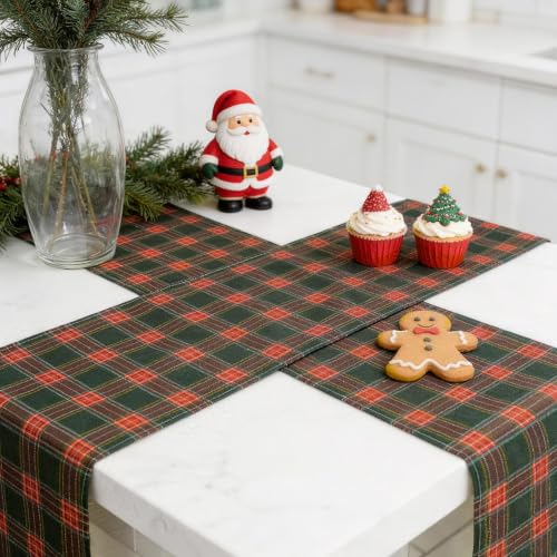 Christmas Plaid Table Runners Set - 72x13 Inch Scottish Tartan Holiday Decor - Green & Red