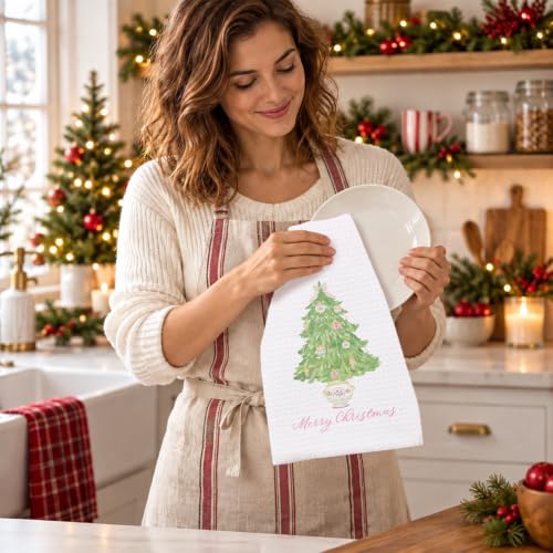 Christmas Green Tree Dish Towels - Holiday Kitchen & Bath Decor, 16x24 Inches