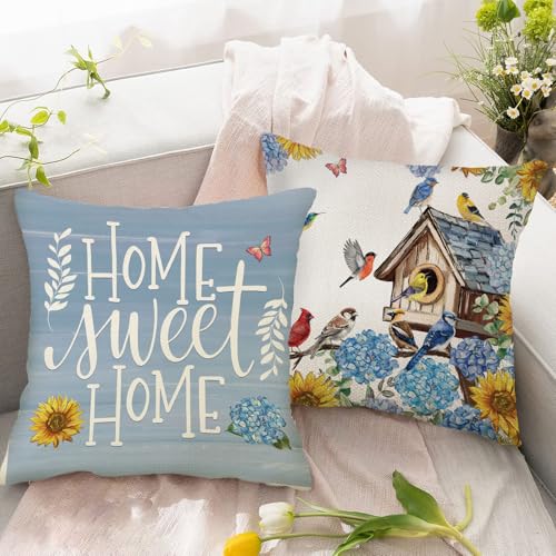 Hydrangea Birdhouse Throw Pillow Covers - Set of 4, 18x18 Inch