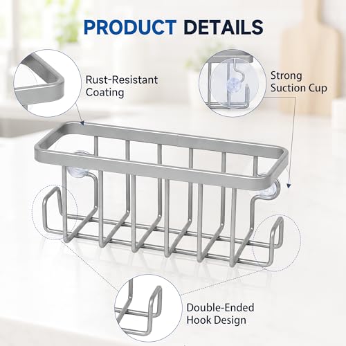 Rustproof Kitchen Sink Sponge Holder with Dual Side Hooks