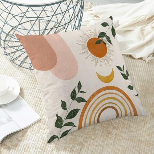 Mid Century Abstract Pillow Covers 18x18 (Set of 2) - Boho Orange & Green Leaf Design