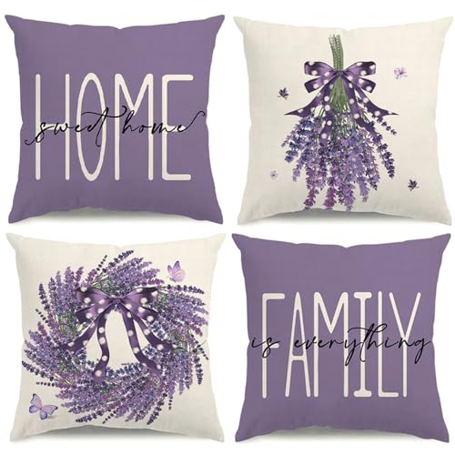 Set of 4 Lavender Wreath Pillow Covers 18x18 - Spring Home Decor