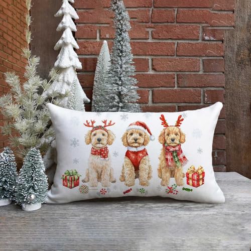 Golden Red Christmas Pillow Cover 12x20 Inch Holiday Dog Decor for Sofa & Couch