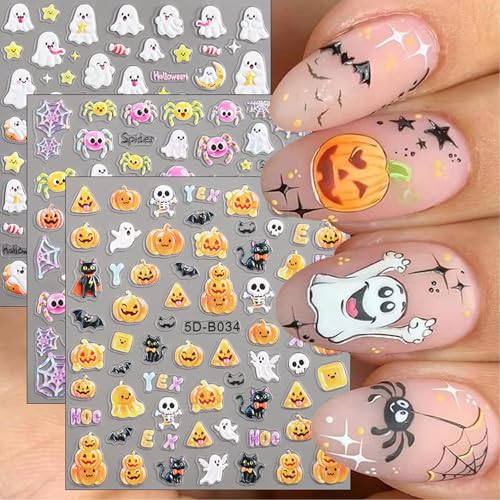 TailaiMei Halloween Nail Stickers Embossed Pumpkin Ghost Decals DIY