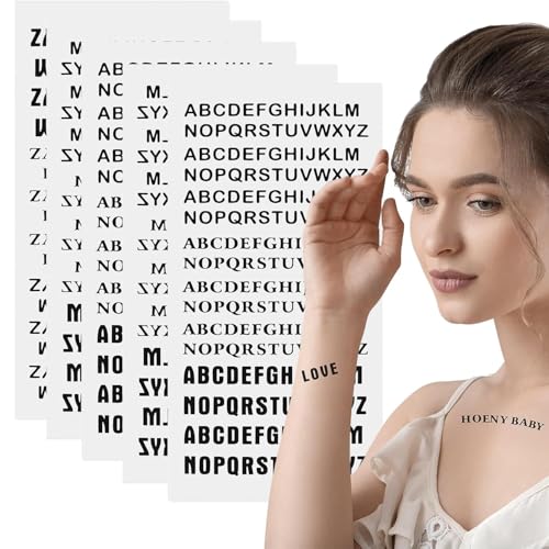 Black Letter Temporary Tattoos - 5 Sheets Waterproof Alphabet Stickers