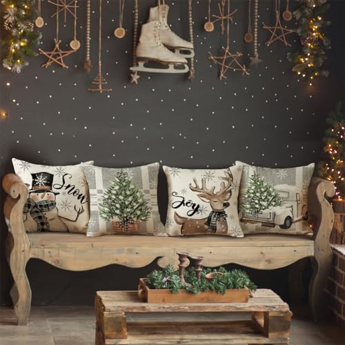 Christmas Throw Pillow Covers 18x18 Set of 4, Holiday Snowman Reindeer Decor