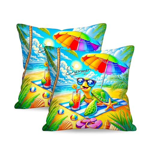 Summer Beach Sea Turtle Throw Pillow Covers Set of 2 18x18 Inches - Coastal Home Decor