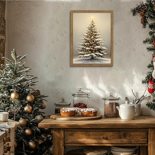 Christmas Tree Wall Decor Framed Snowy Holiday Canvas Art - 24x16 Inches