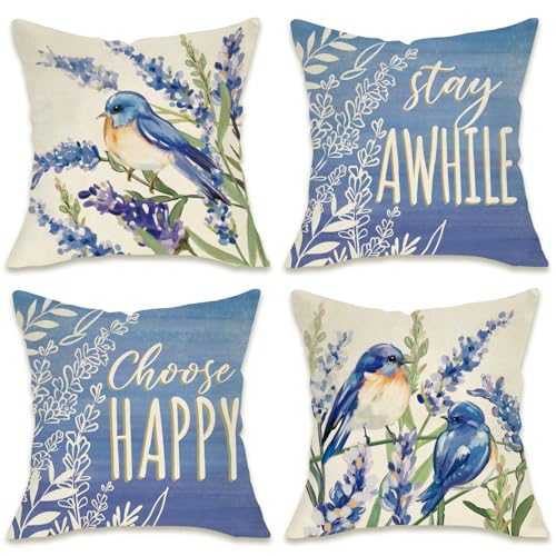 Hello Spring Bluebird Decorative Throw Pillow Covers - Set of 4