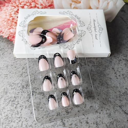 Black French Tip Press On Nails Medium Almond Fake Nails with Silver Stars