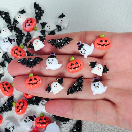 MOLILON 100Pcs Halloween Nail Charms 3D Resin Pumpkin Ghost Bat Gems