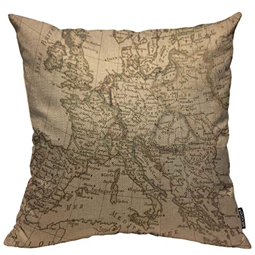 Mugod Antique Europe Map Throw Pillow Cover 18x18 Inch - Decorative Pillowcase for Sofa Bed Living Room