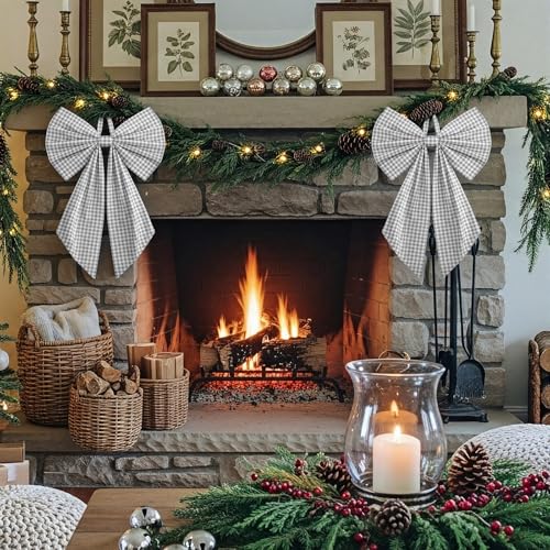 Grey Christmas Gingham Wreath Bow | 18" x 12" Holiday Door Decor