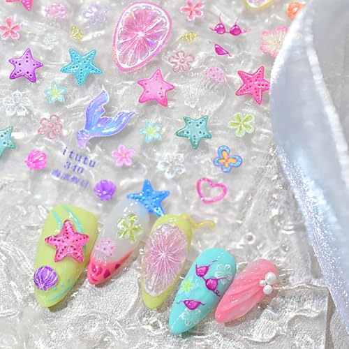 5D Summer Beach Nail Art Stickers Embossed Flowers & Sea Life Decals