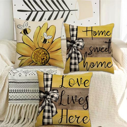 Decorative Bee & Sunflower Pillow Covers - Set of 4, 18x18 Inch