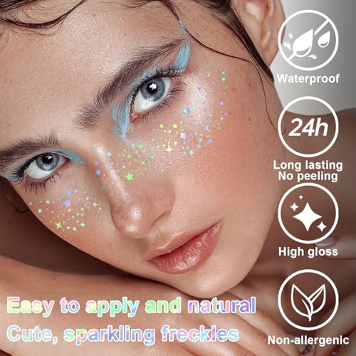 Holographic Glitter Freckles Face Tattoos - 8 Pack Waterproof Makeup Patches