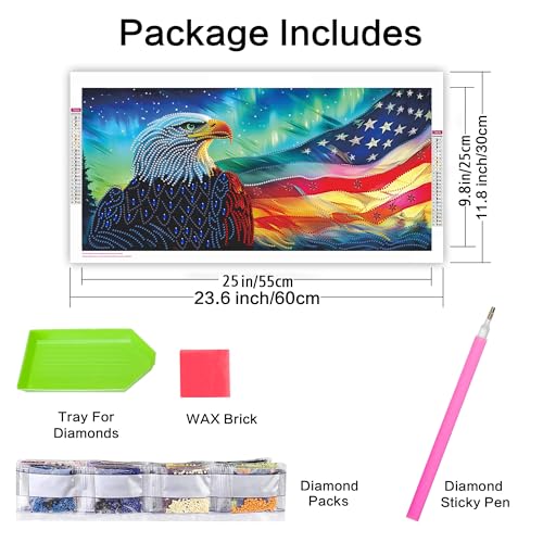 5D American Flag Diamond Art Kit with Eagle Design - 12x24 inch