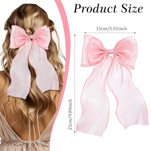 Mabor Large Pink Hair Bows with Long Tail Clip, 2 Pcs