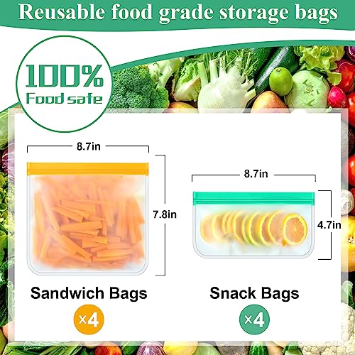 TROUSKAIG Reusable Silicone Food Storage Bags - 4 Sandwich & 4 Snack Set