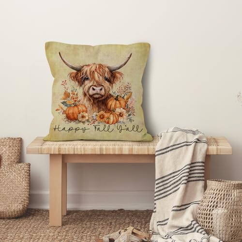Vintage Fall Cow Throw Pillow Cover 18x18 - Rustic Farmhouse Design