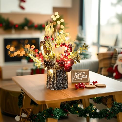 Christmas Tree Stump Mini Decor with Deer Bell & Pine Cones - Red Variation
