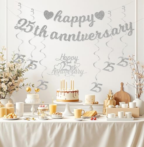 Silver 25th Anniversary Party Decorations Set - Banner, Cake Topper & Swirls