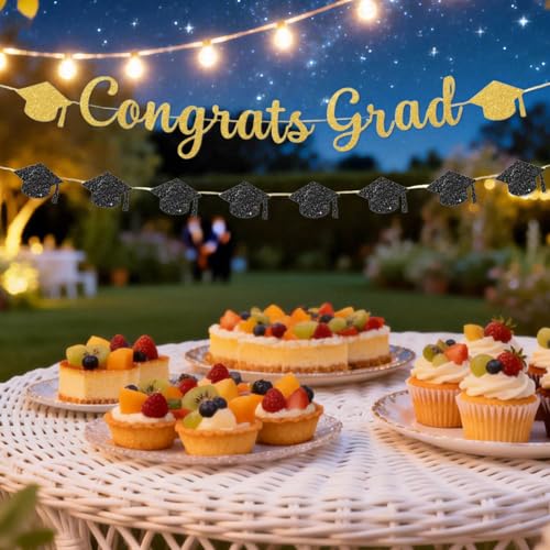 2026 Graduation Banner Set - Black & Gold Glitter Decor
