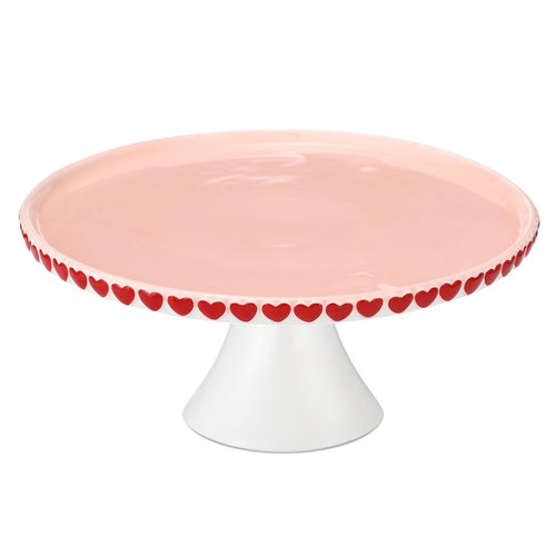 Lallisa 10" Ceramic Heart Cake Stand Pink Round Dessert Plate with Red Heart Edges Wedding Cake Pedestal Stand Display for Valentine's Day Birthday Wedding Party Decorating