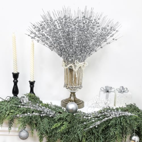 Silver Artificial Glitter Berry Stem Ornaments 15 Inch Christmas Tree Picks - 10 Pack