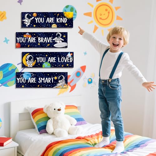 4-Piece Space Bedroom Wall Art Set – Astronaut Solar System Decor for Kids