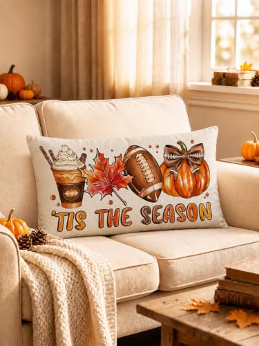 Fall Football Linen Lumbar Pillow Cover, 12x20 Farmhouse Autumn Decor