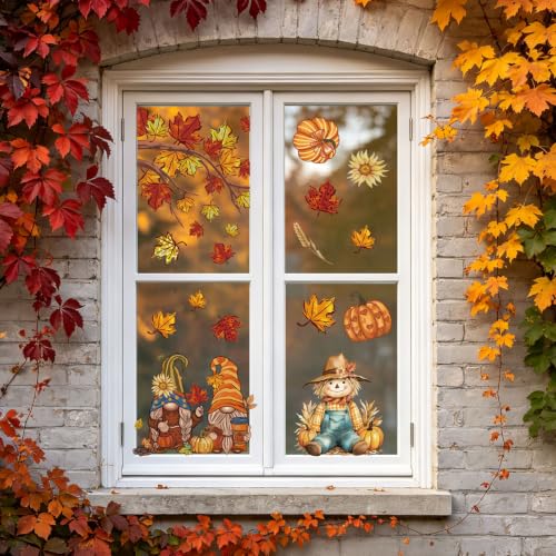 9 Sheets Fall Window Clings - Reusable Gnome & Pumpkin Autumn Decals