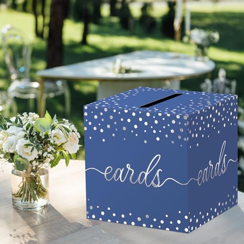 QISOLIY Navy Blue Card Box with Silver Foil Dots 8.7 Inch Gift Holder