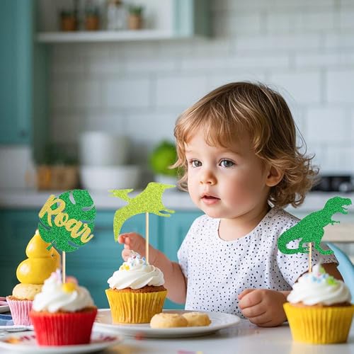 12 Dinosaur Cupcake Toppers - Glittery Party Decor for Kids
