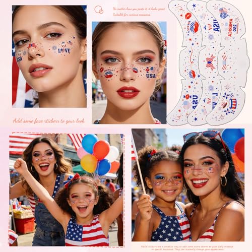 4th of July Temporary Face Tattoos - 10 Pack Patriotic USA Flag Stickers